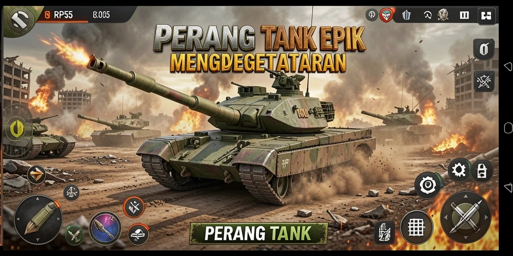 Antarmuka permainan RP55 menampilkan aksi tank yang mendebarkan.